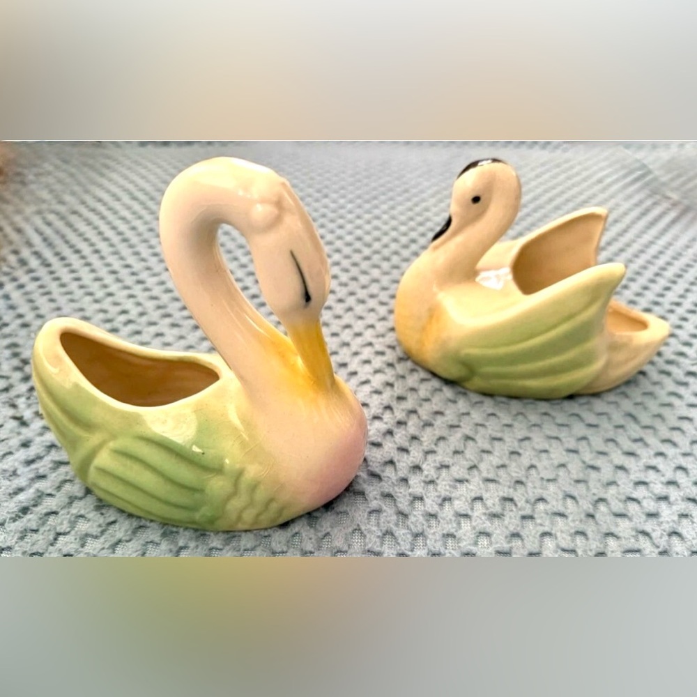 Vintage Mid Century Shawnee Pottery Swans Planters Set 2 Green Ceramic Art Deco